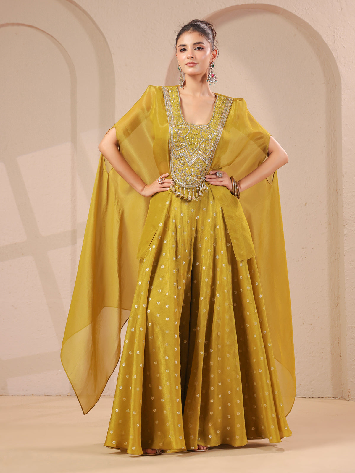 Mehendi yellow handwork flared top with banarasi palazzo