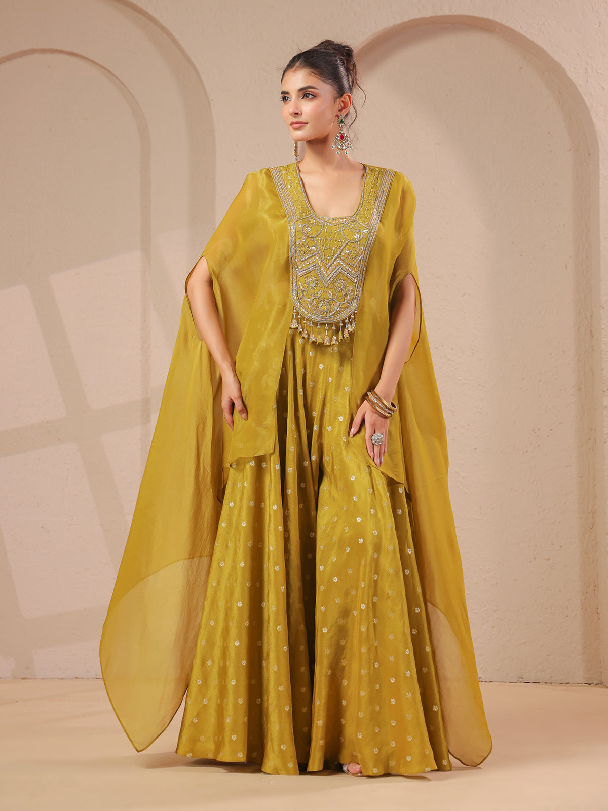 Mehendi yellow handwork flared top with banarasi palazzo