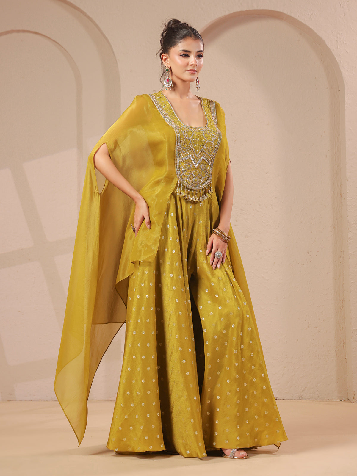 Mehendi yellow handwork flared top with banarasi palazzo