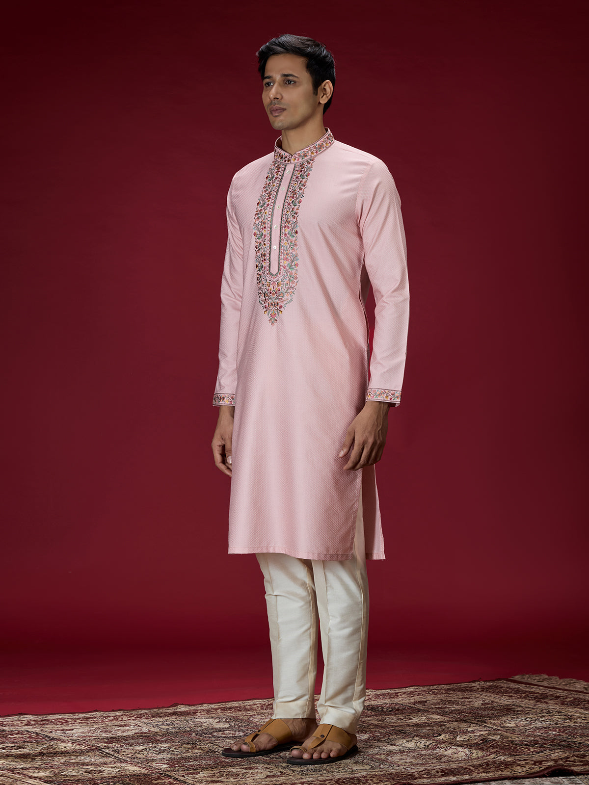Pink floral embroidered mens kurta pajama