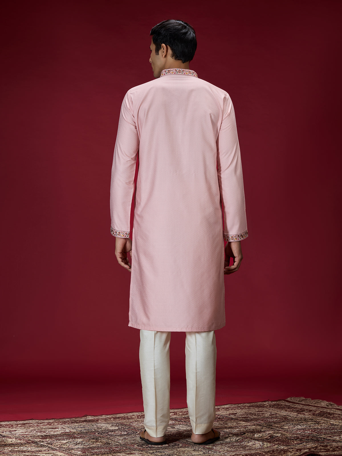 Pink floral embroidered mens kurta pajama