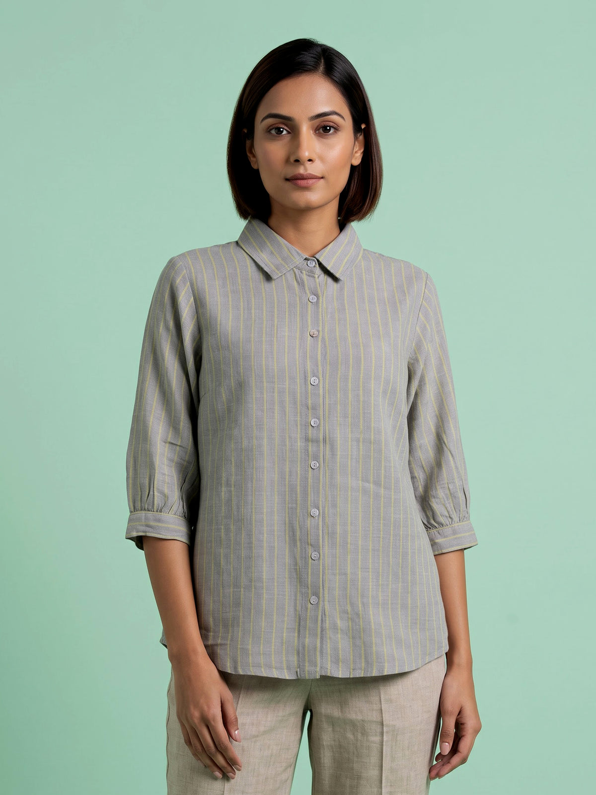Grey linen women striped shirt