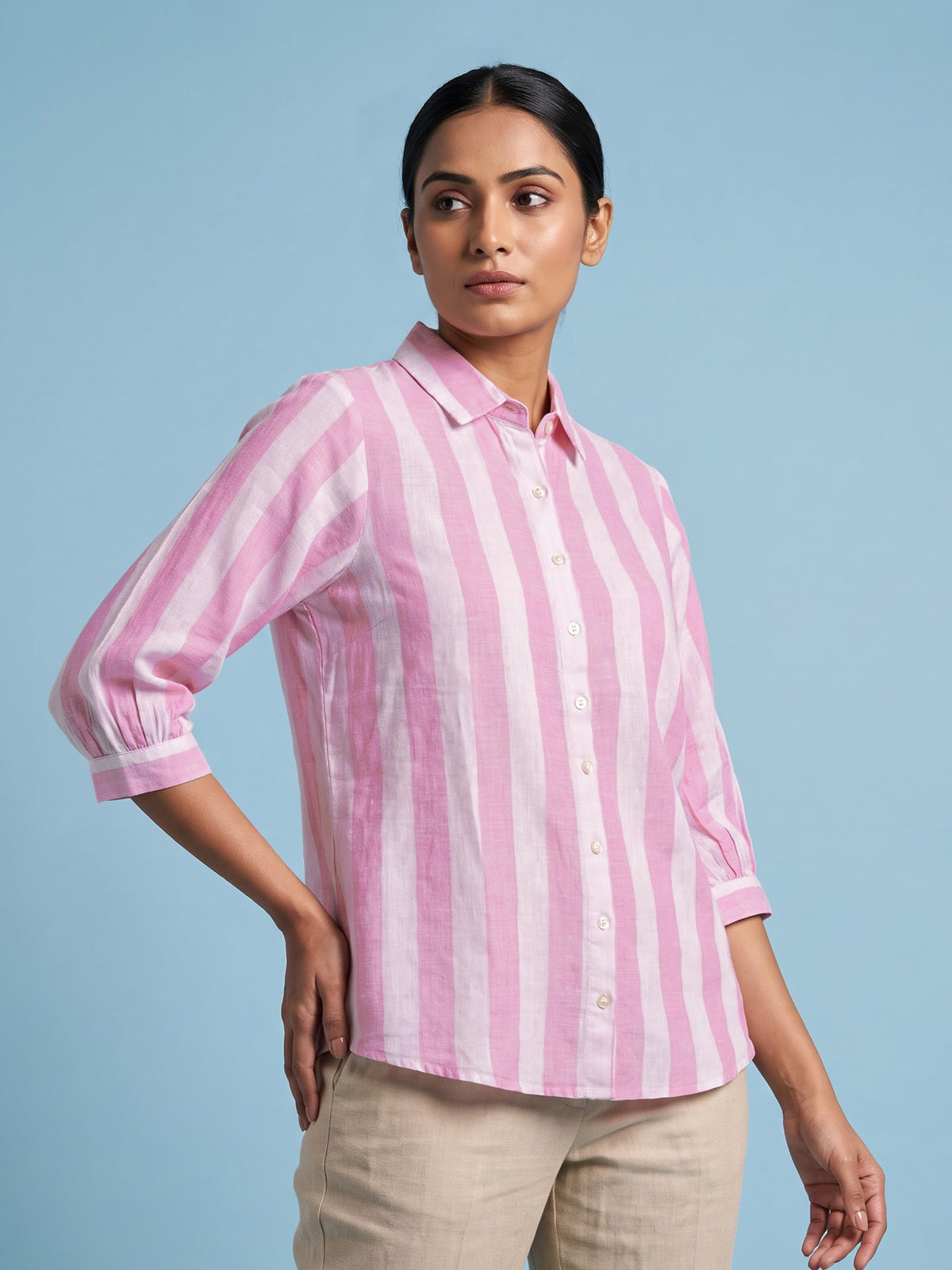 White pink linen women shirt