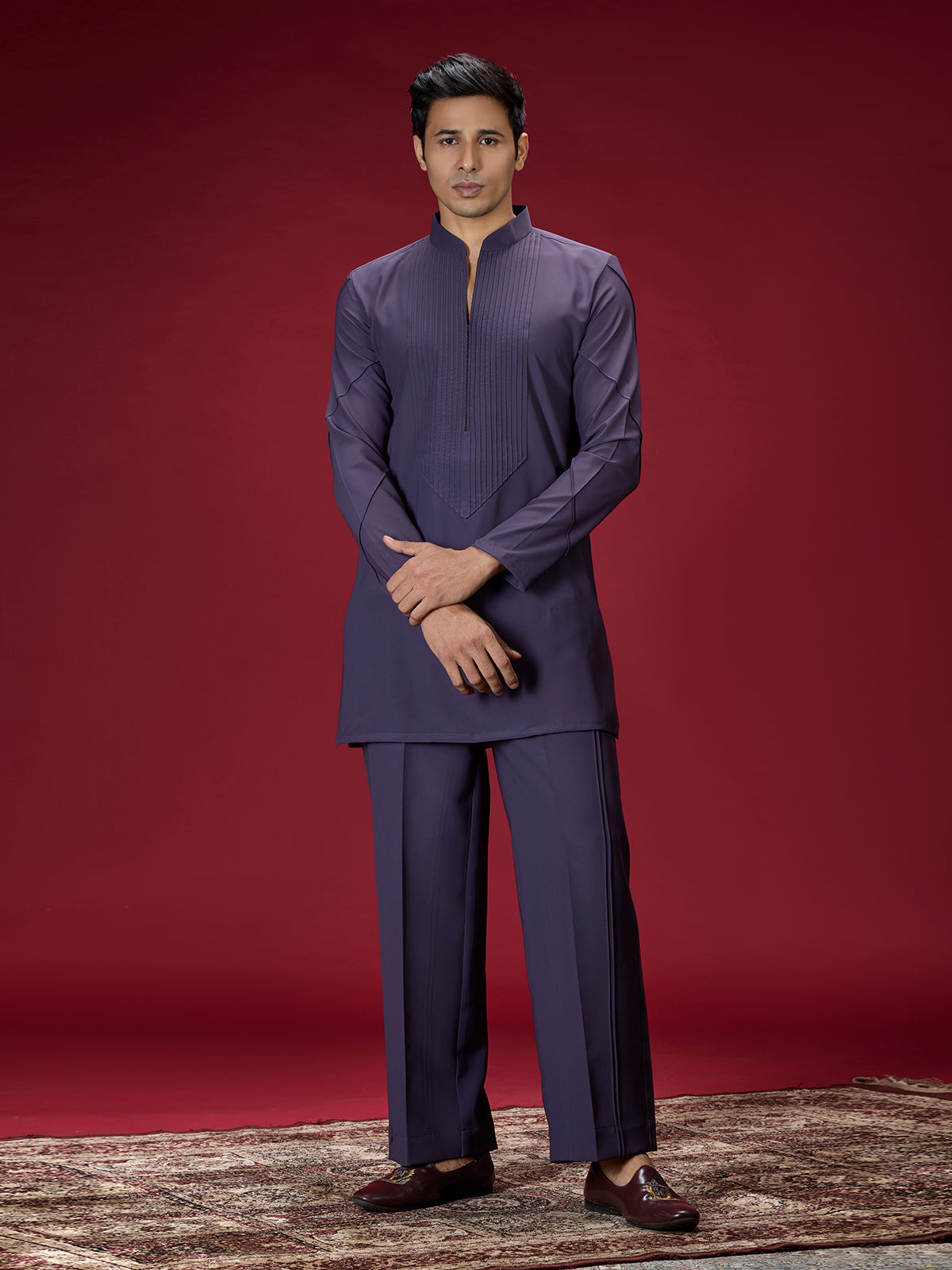 Purple modern embroidered mens kurta suit