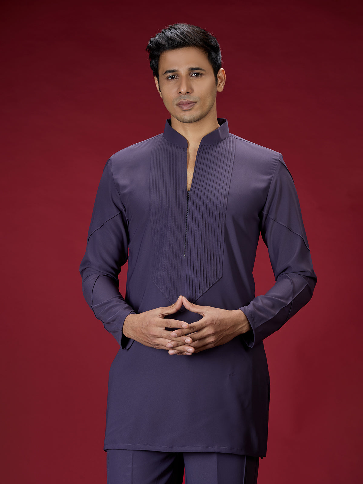 Purple modern embroidered mens kurta suit