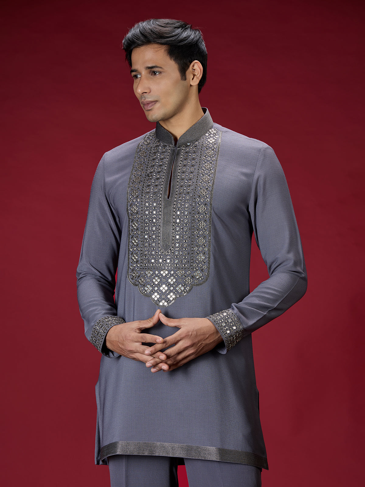 Grey embellished mens kurta suit
