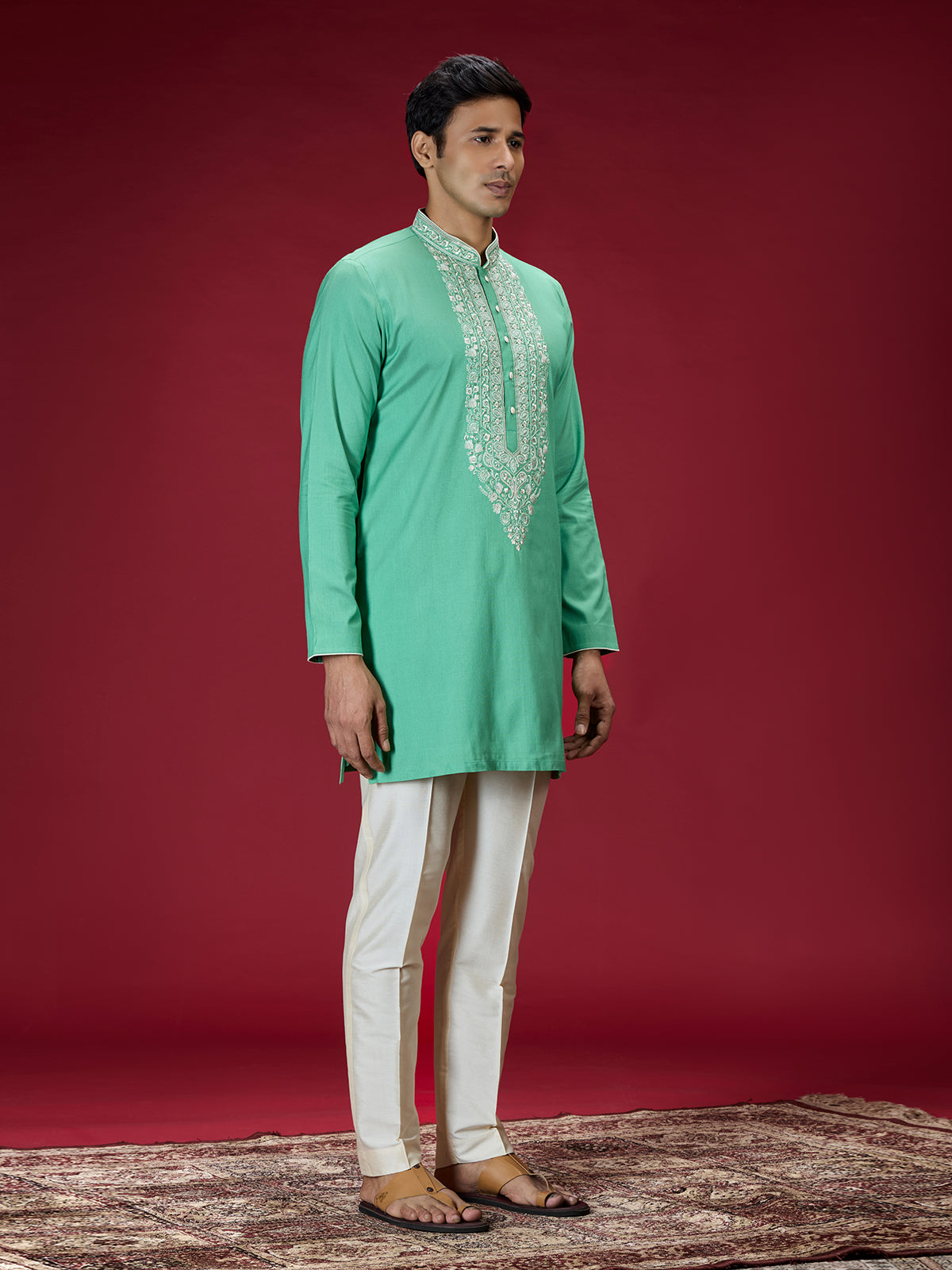 Green mughal mens kurta suit with embroidered work