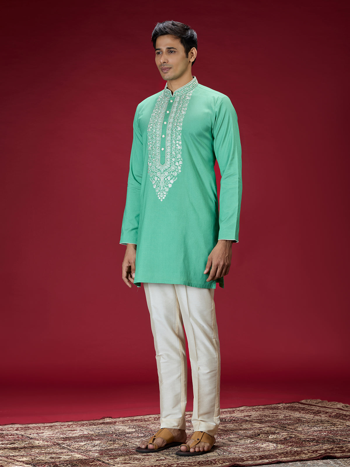 Green mughal mens kurta suit with embroidered work