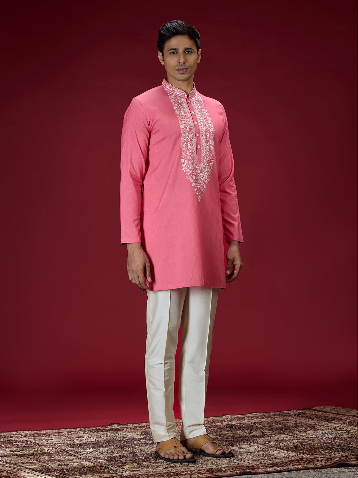 Hot pink mughal embroidered mens kurta suit