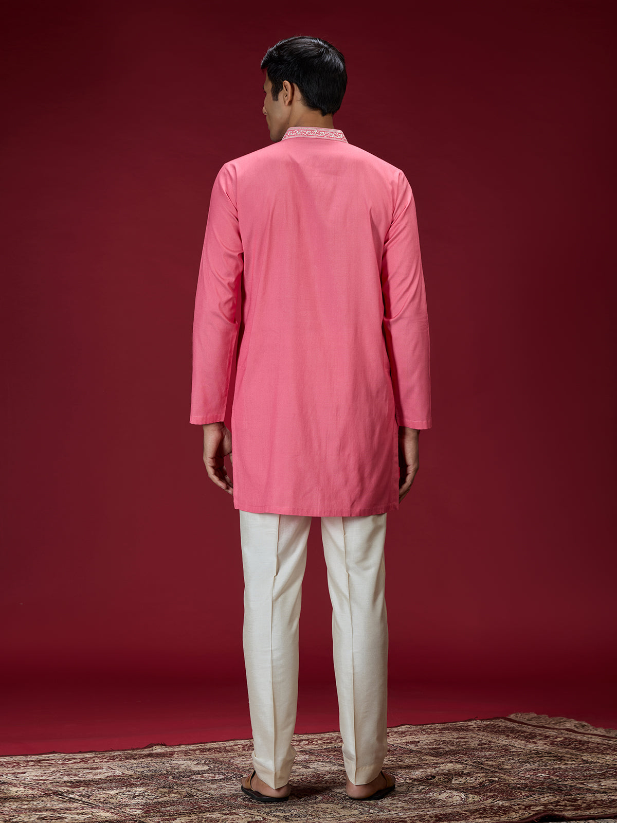 Hot pink mughal embroidered mens kurta suit