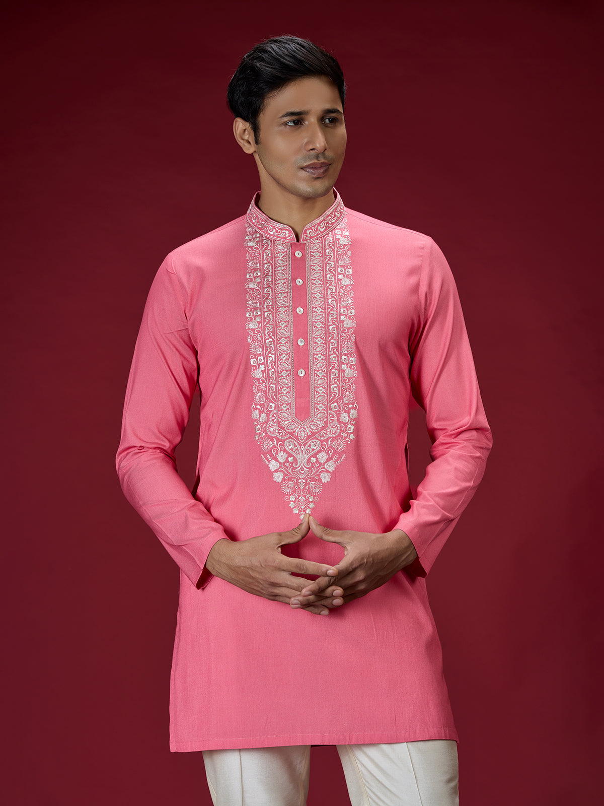 Hot pink mughal embroidered mens kurta suit