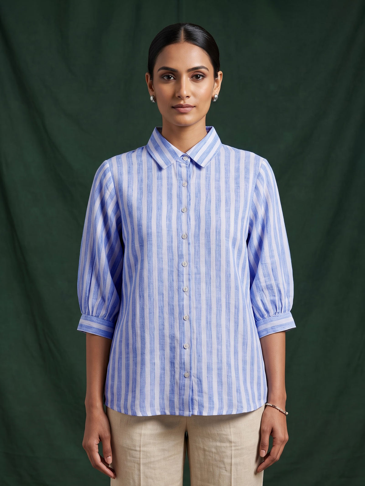 Sky blue white linen women striped shirt