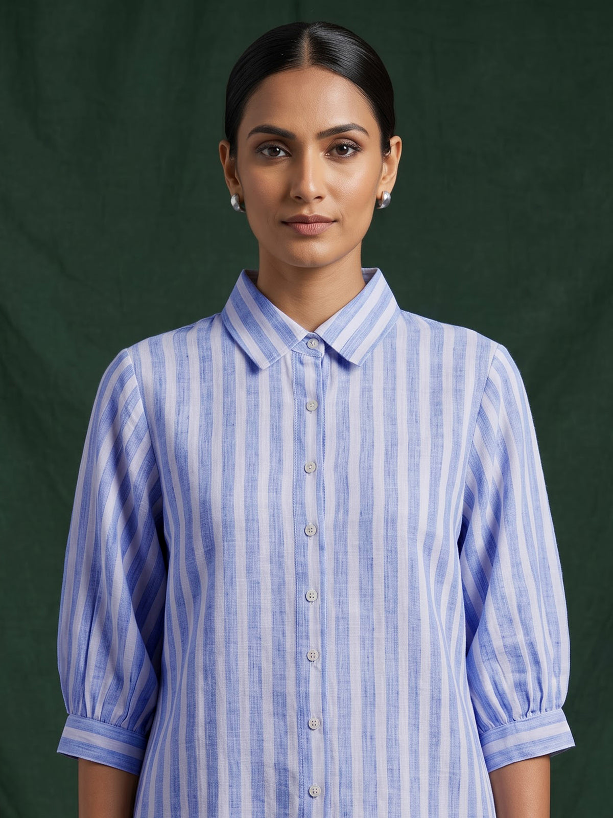 Sky blue white linen women striped shirt