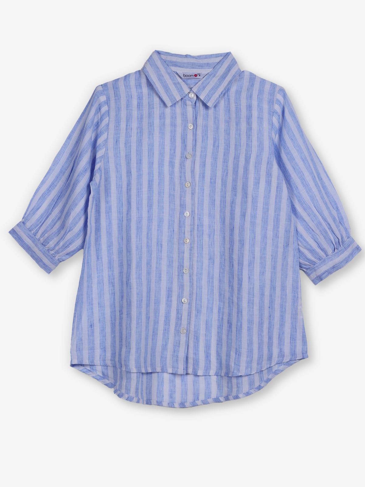 Sky blue white linen women striped shirt