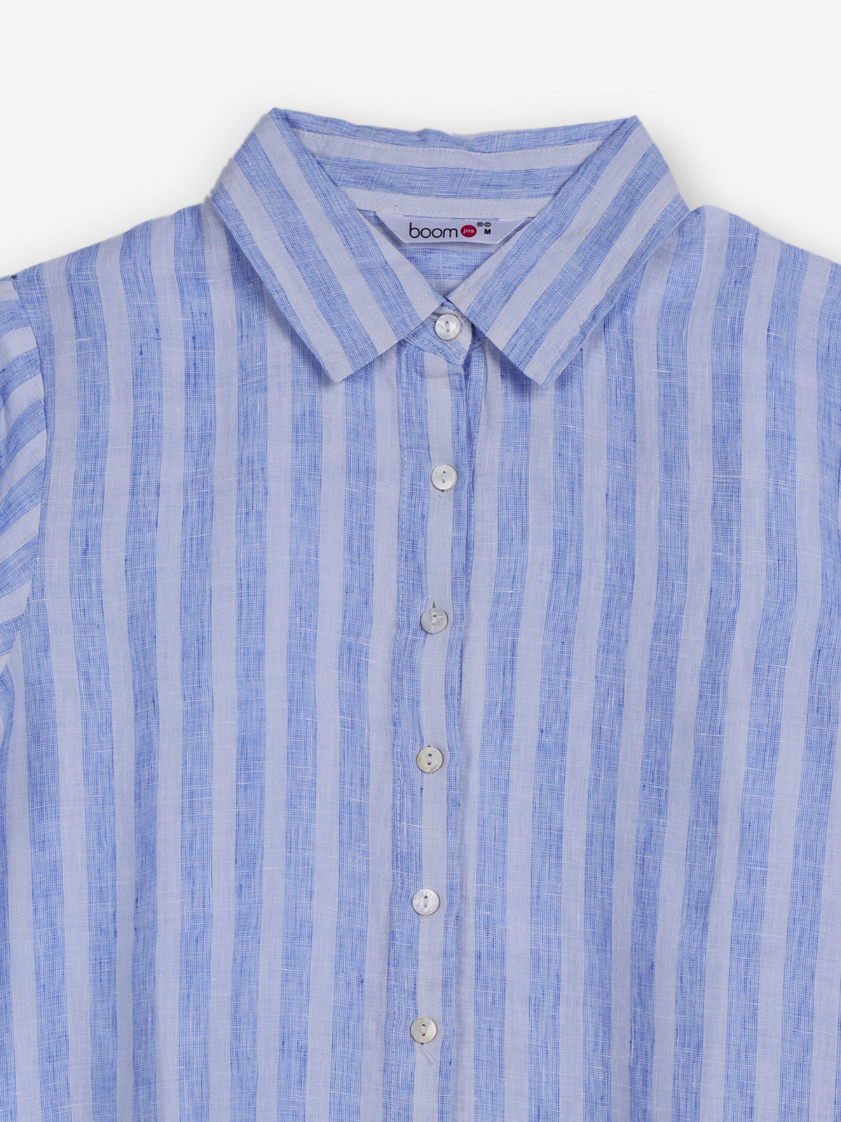 Sky blue white linen women striped shirt