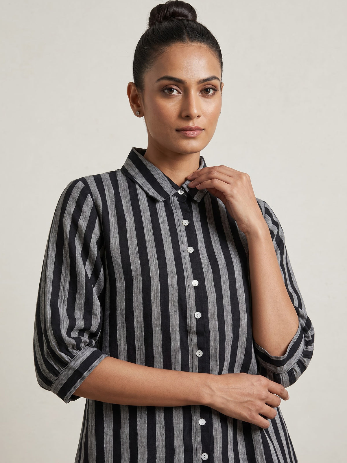 Black linen women striped A-line shirt