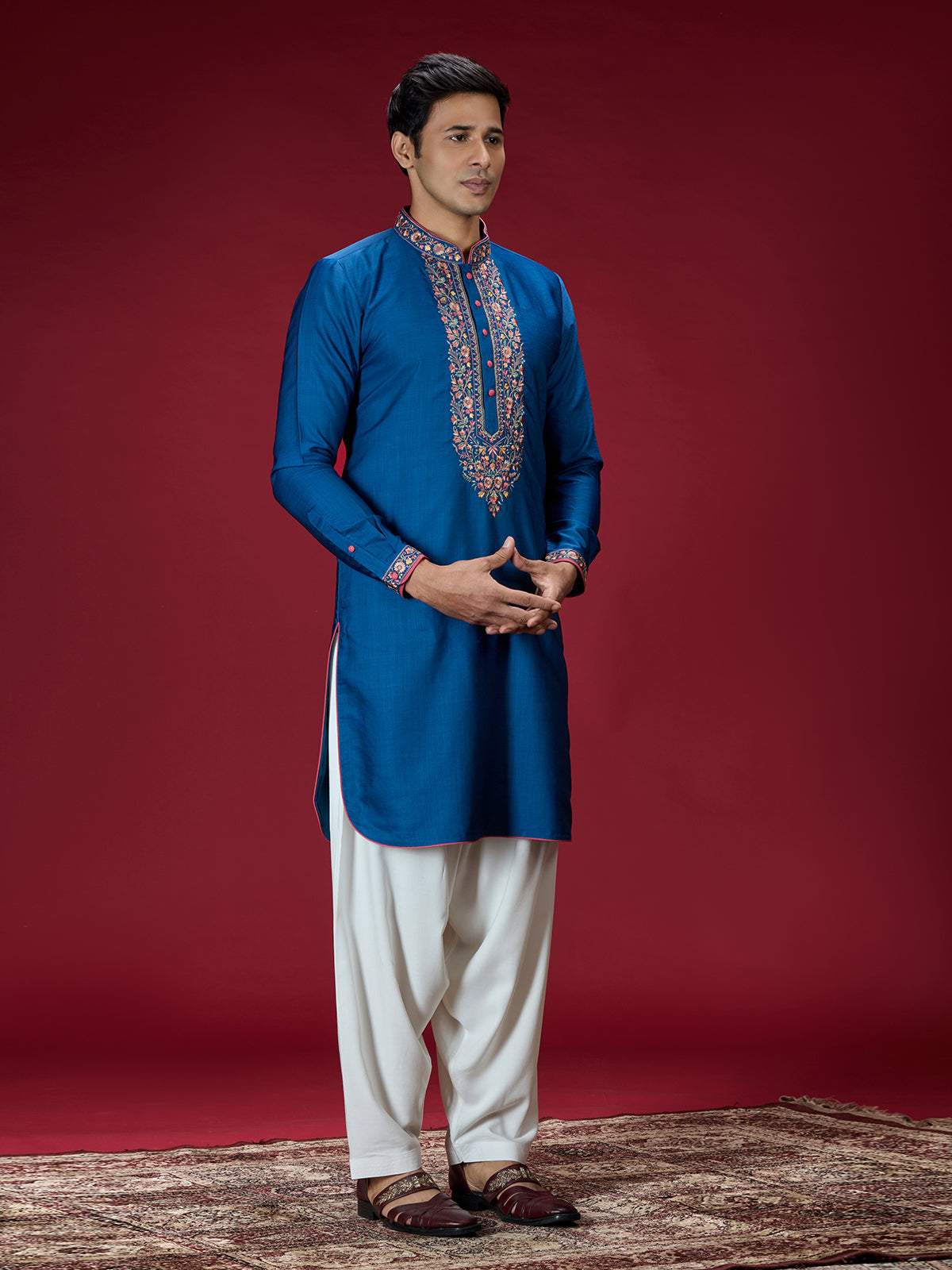 Blue persian floral mens kurta pajama