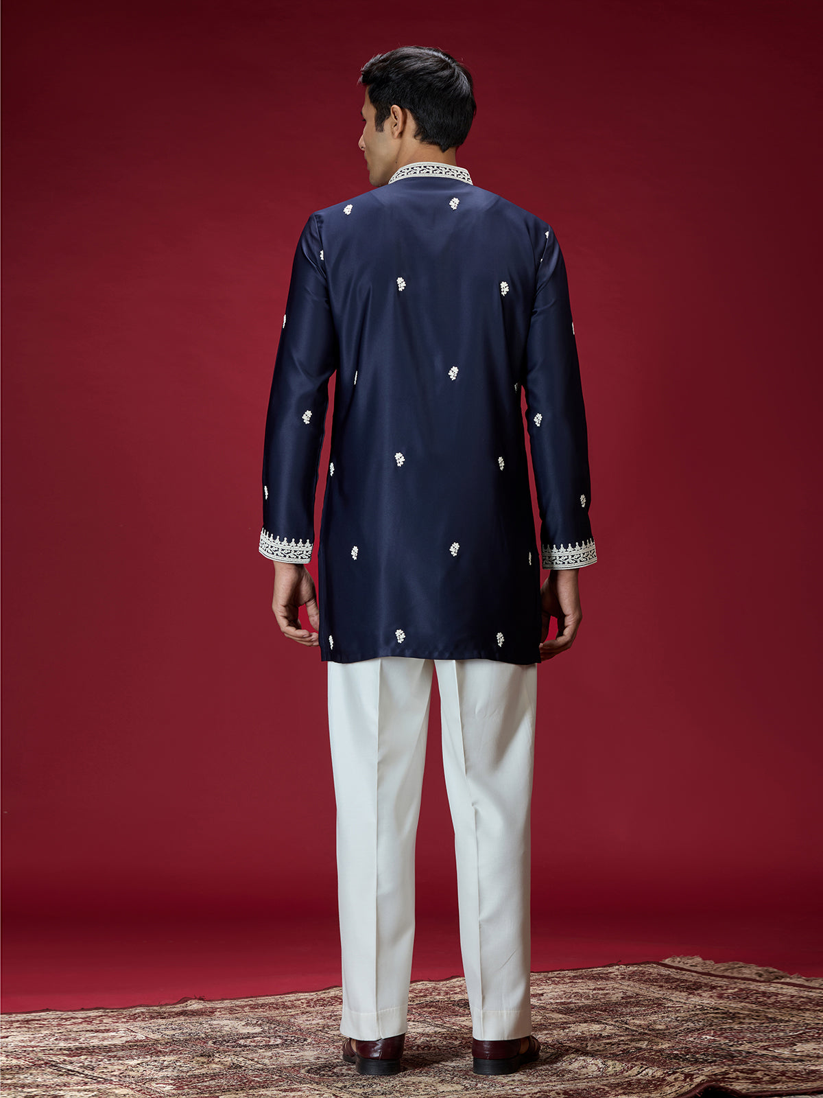 Navy blue zardosi embroidered mens kurta suit