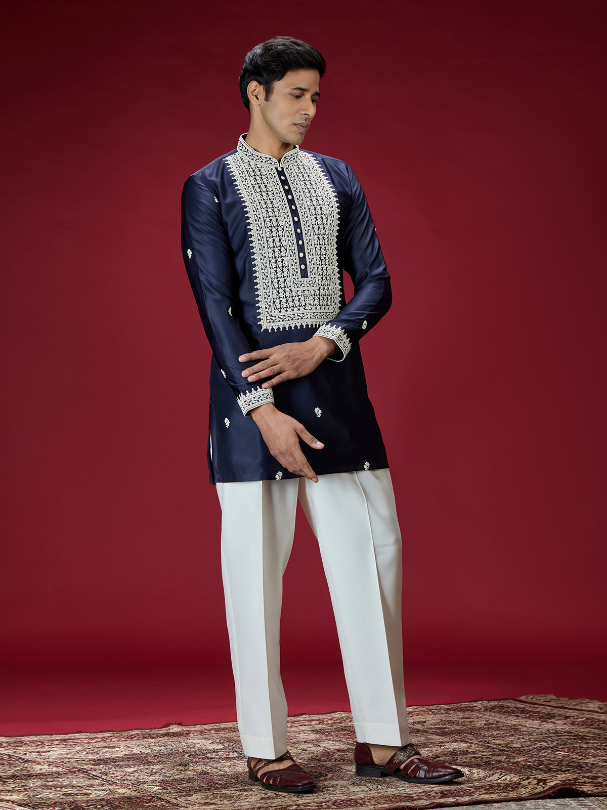 Navy blue zardosi embroidered mens kurta suit