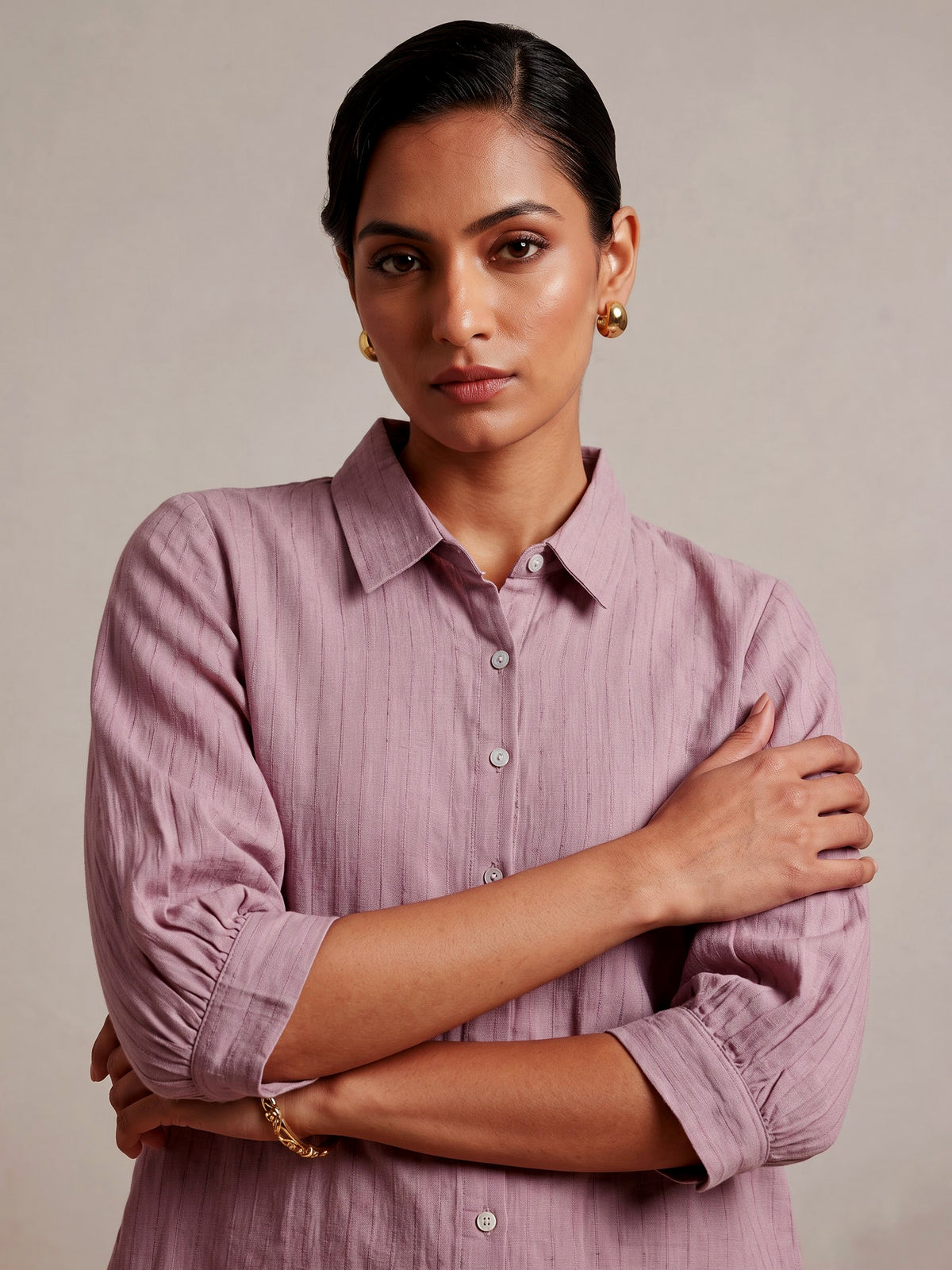 Onion pink linen women crinkle shirt