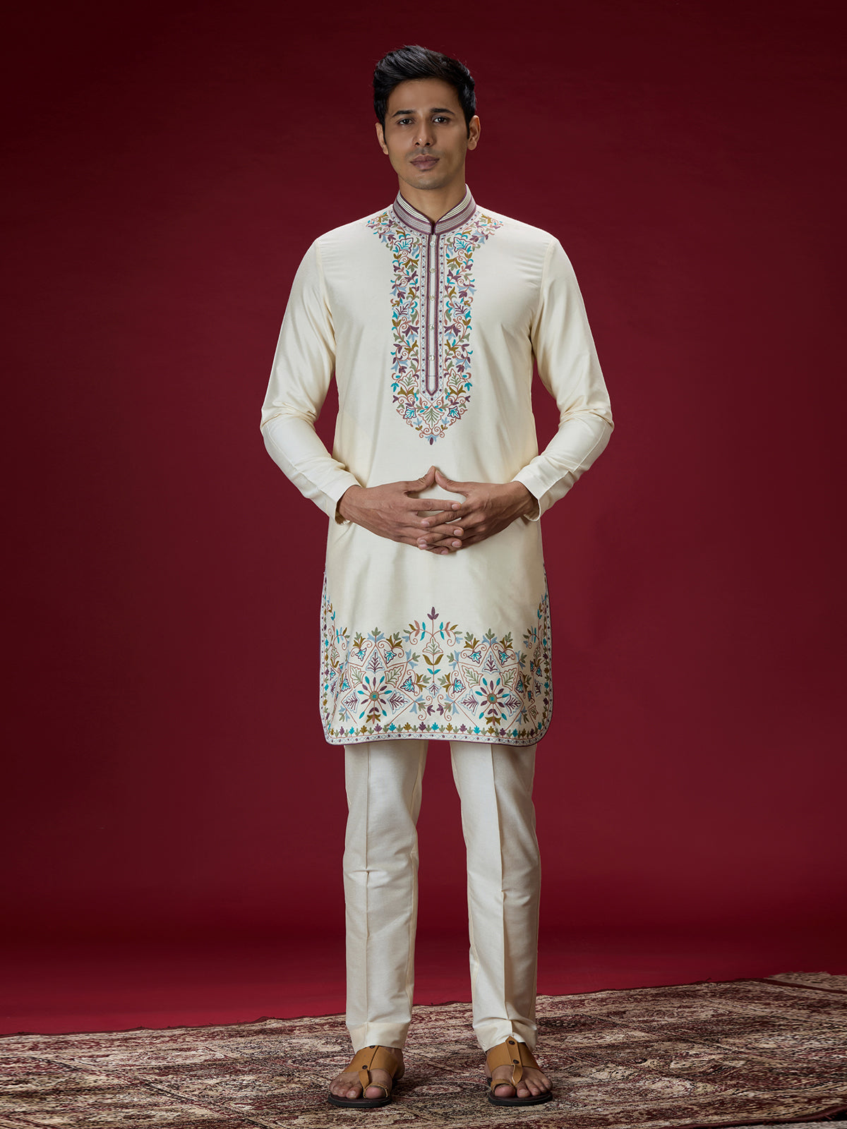 Cream persian floral mens kurta suit