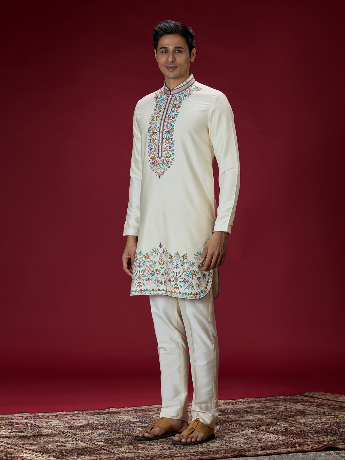 Cream persian floral mens kurta suit