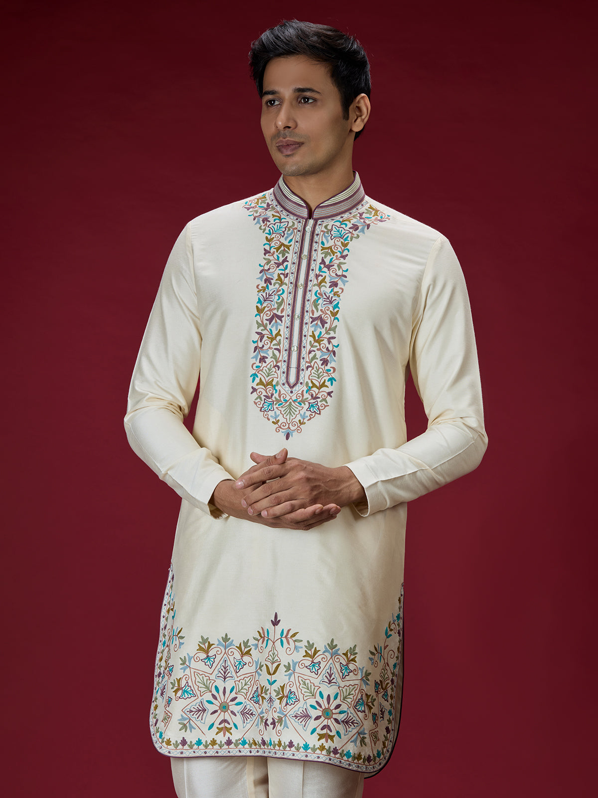 Cream persian floral mens kurta suit