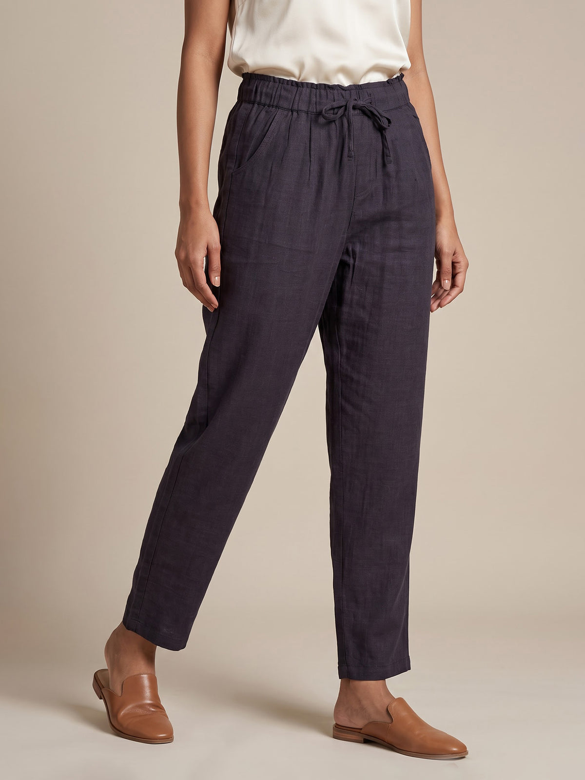 Grey cotton linen womens ankle pant
