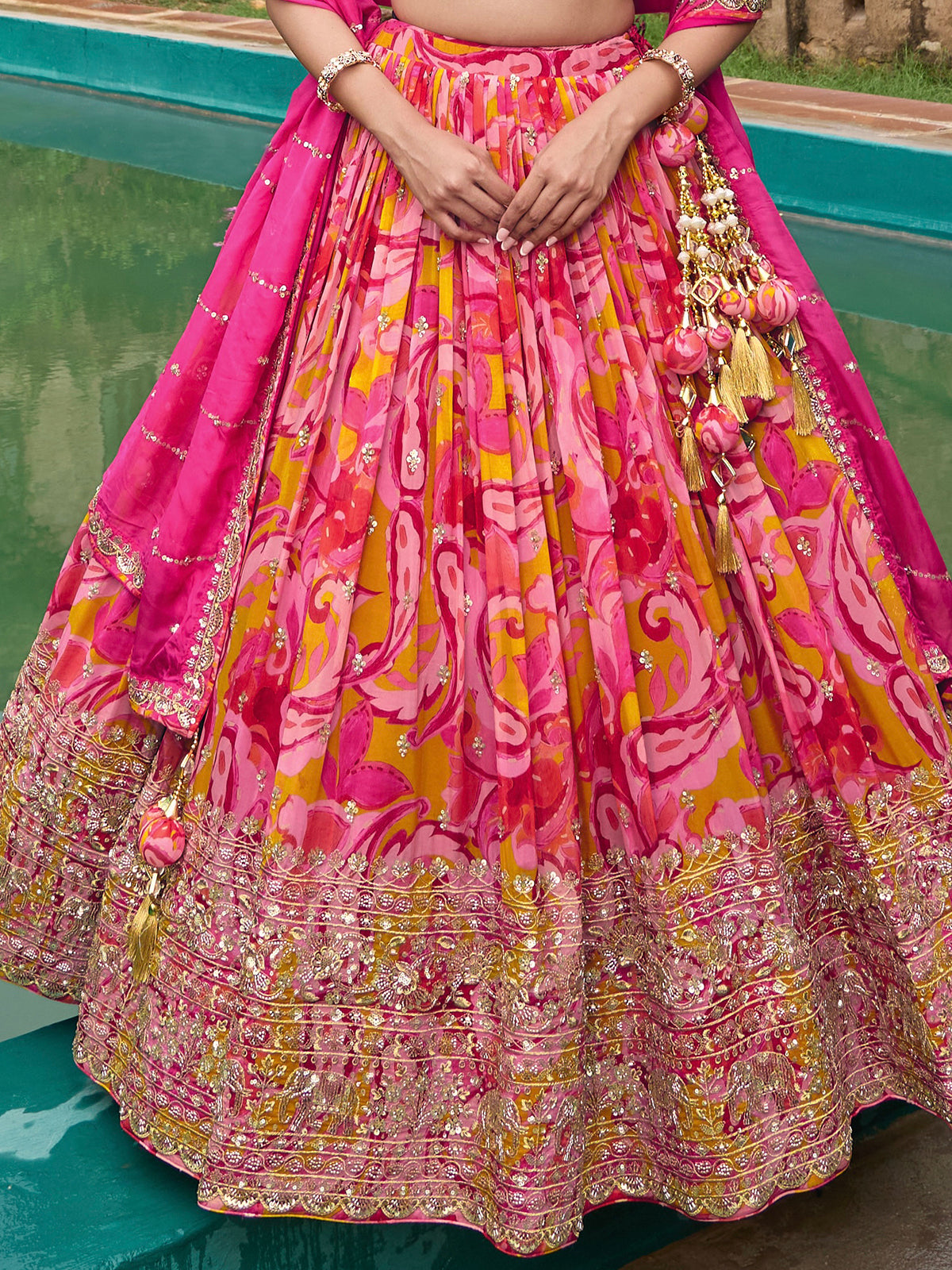 Rani pink silk lehenga choli with zardosi embellished dupatta