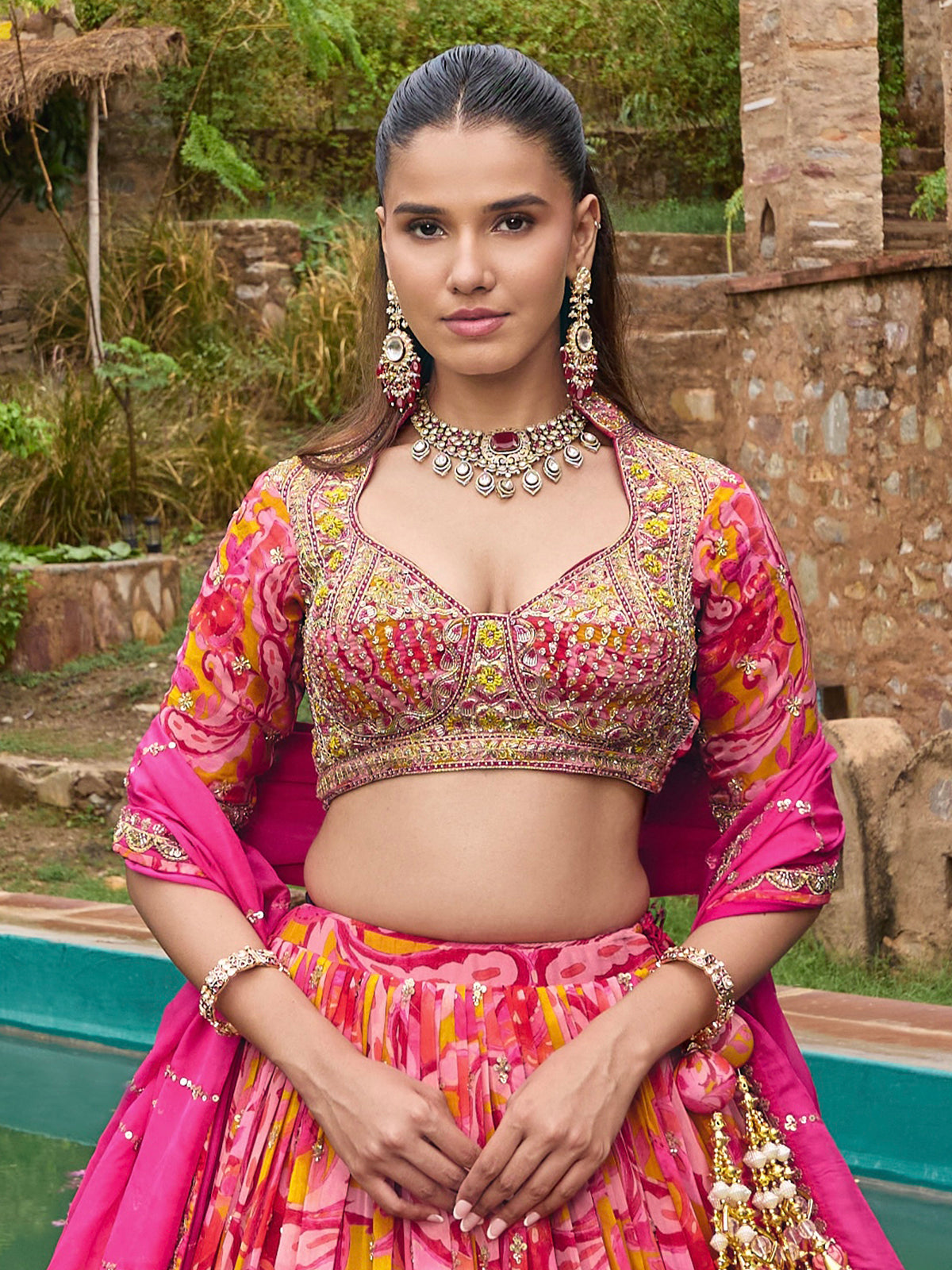 Rani pink silk lehenga choli with zardosi embellished dupatta