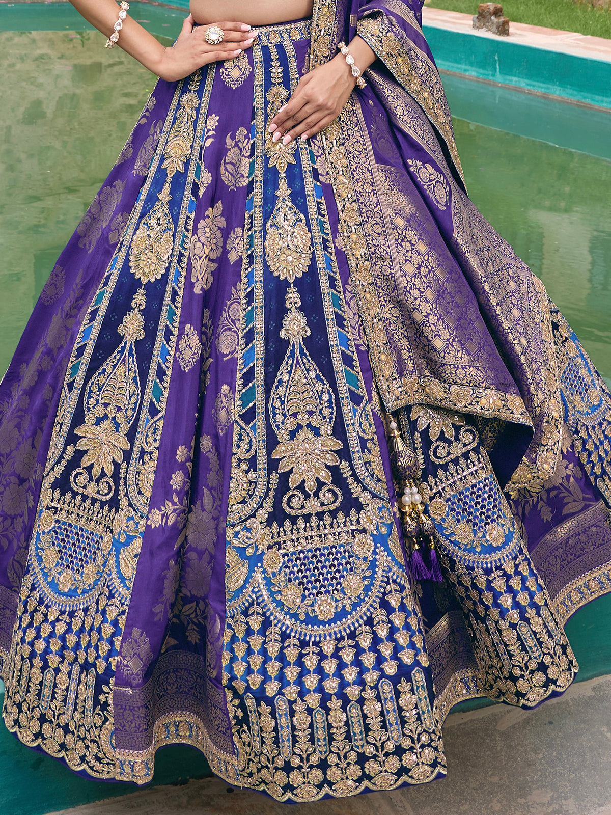Purple Banarasi silk lehenga choli with dupatta detailing