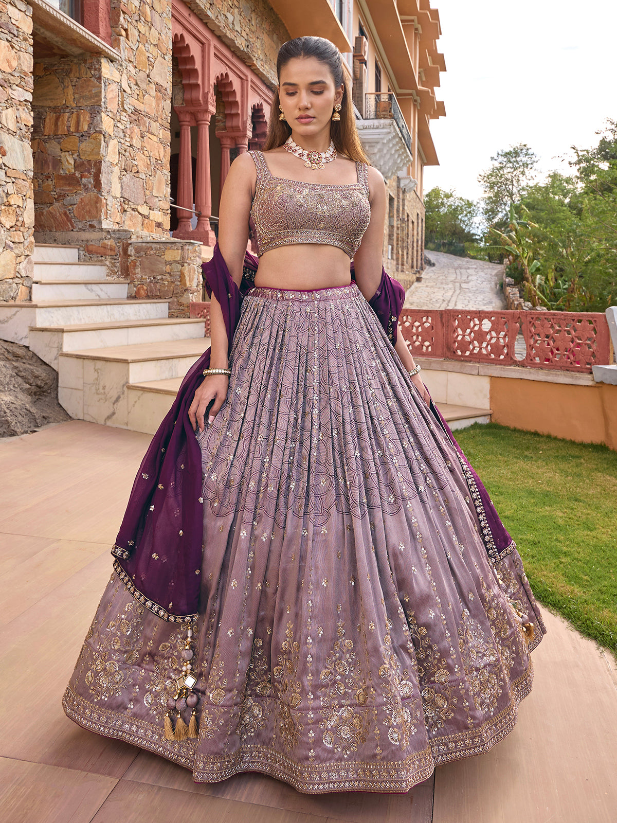 Lavender purple silk lehenga choli with embellished dupatta