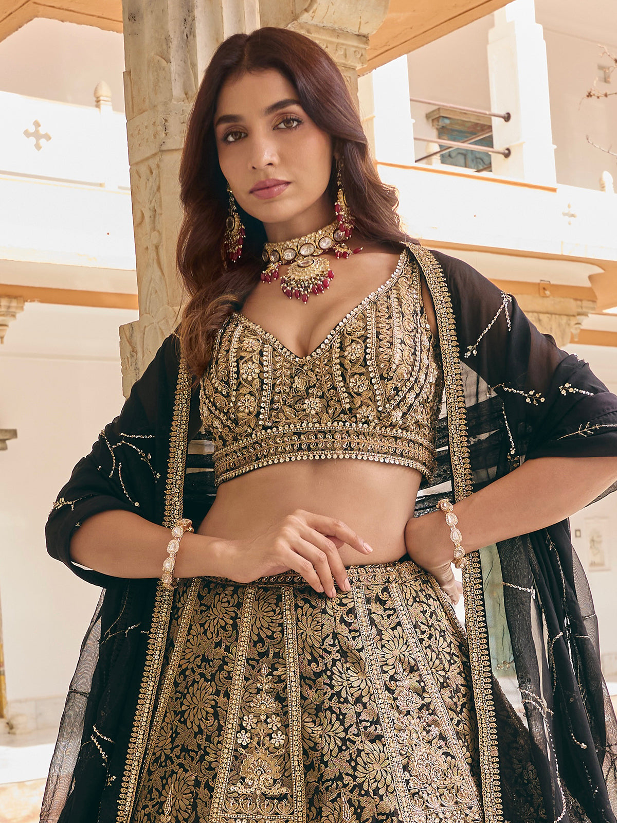 Black brocade silk lehenga choli with zardosi embellished dupatta