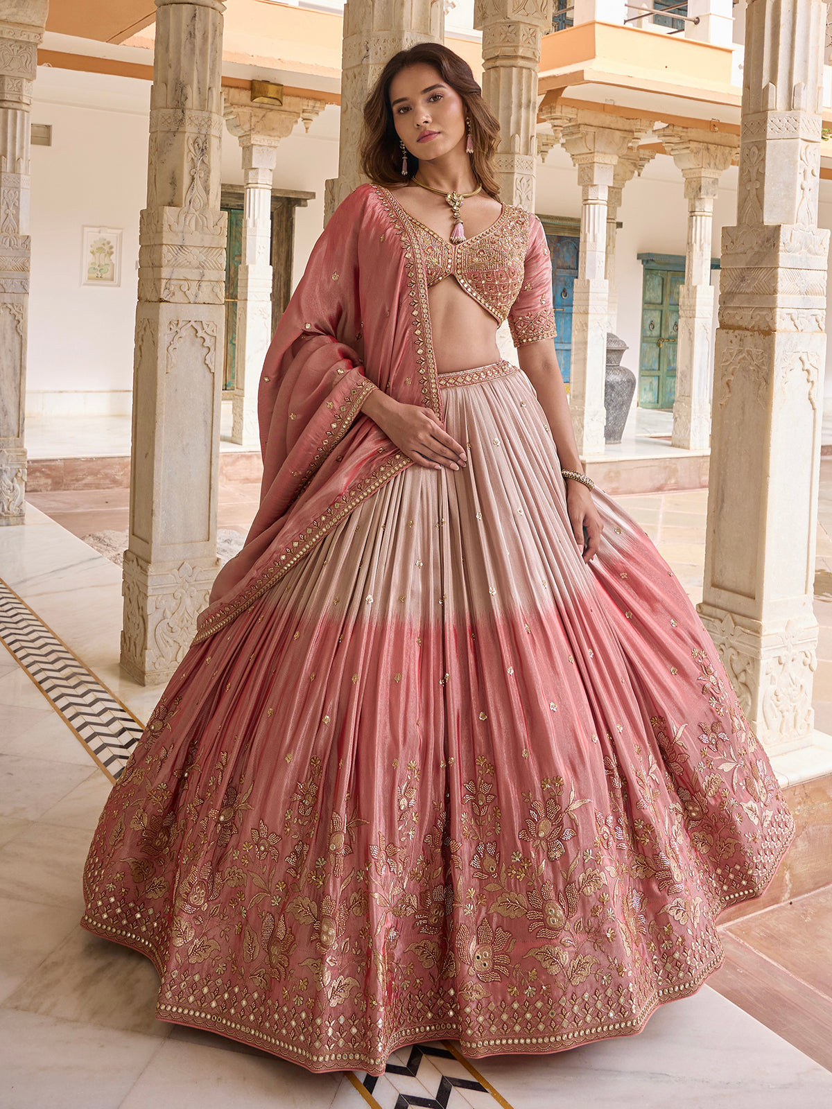 Onion pink silk lehenga choli with embellished dupatta