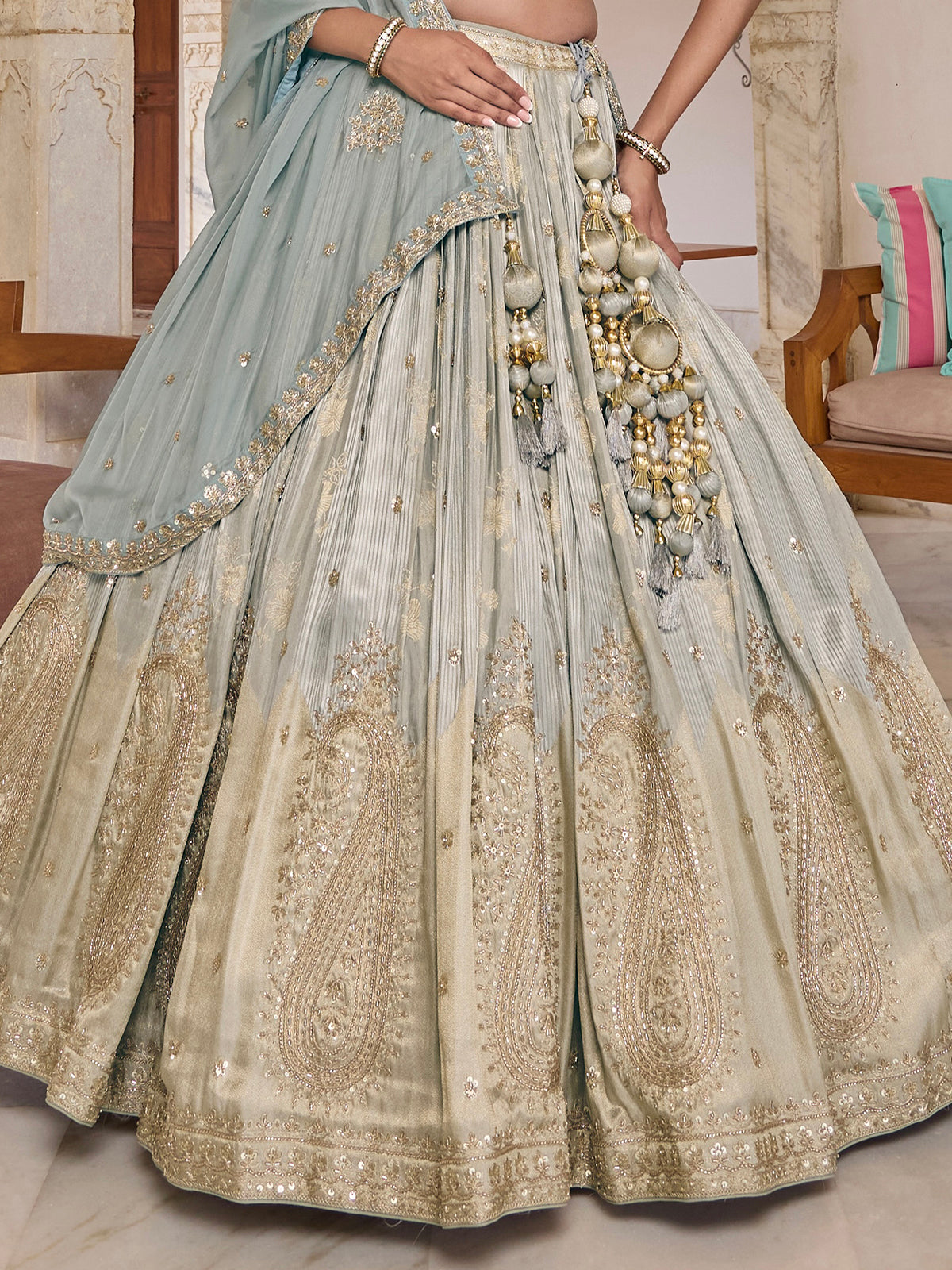 Mint blue silk lehenga choli with designer embellished dupatta