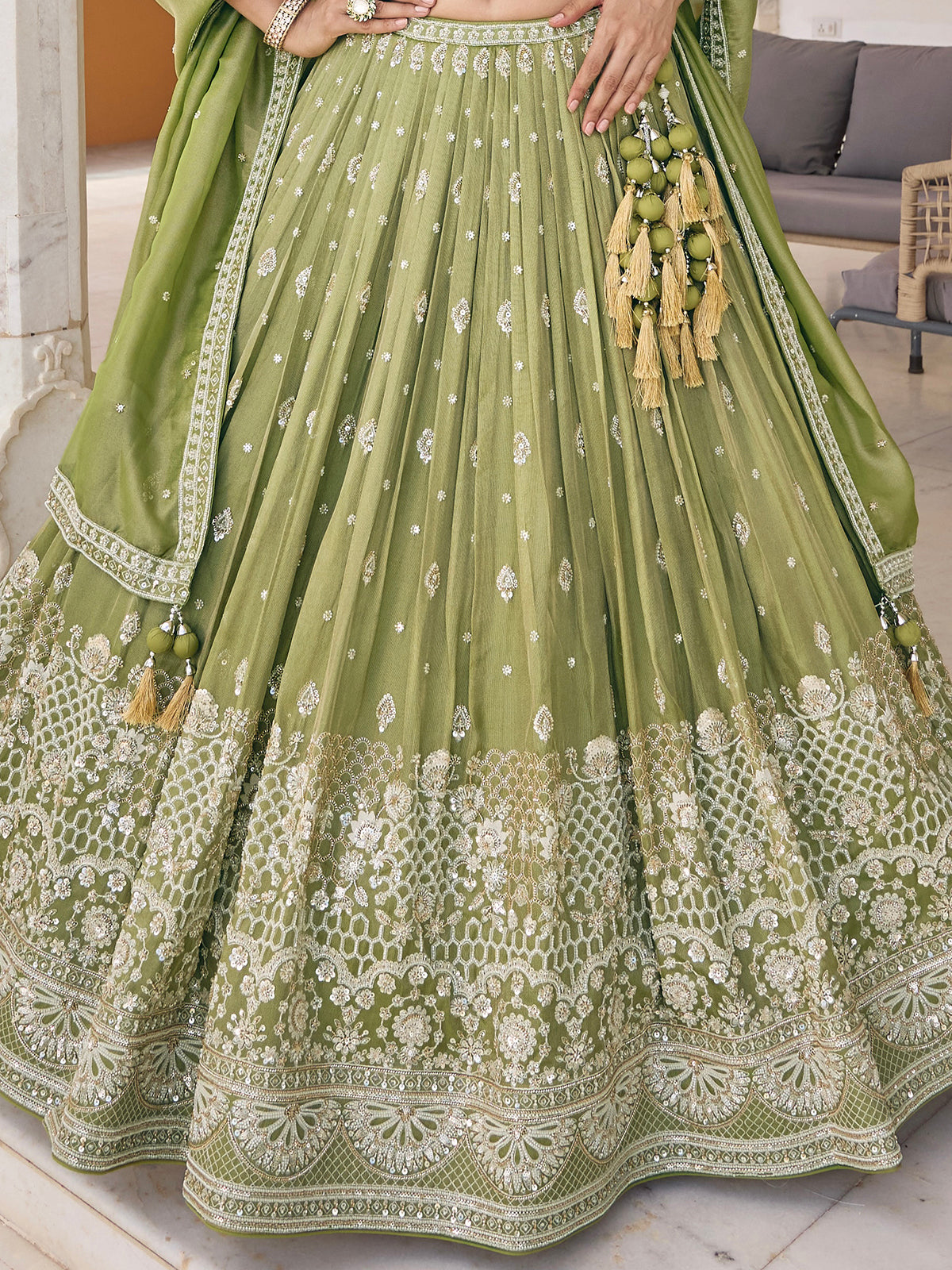 Mehendi green chiffon georgette lehenga choli with embellished dupatta