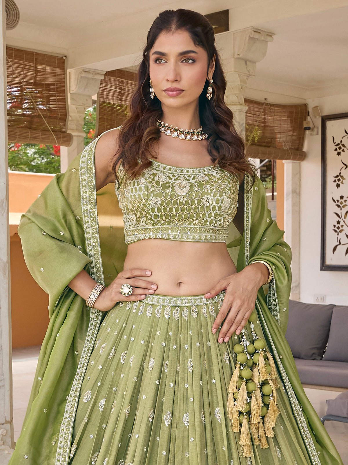 Mehendi green chiffon georgette lehenga choli with embellished dupatta