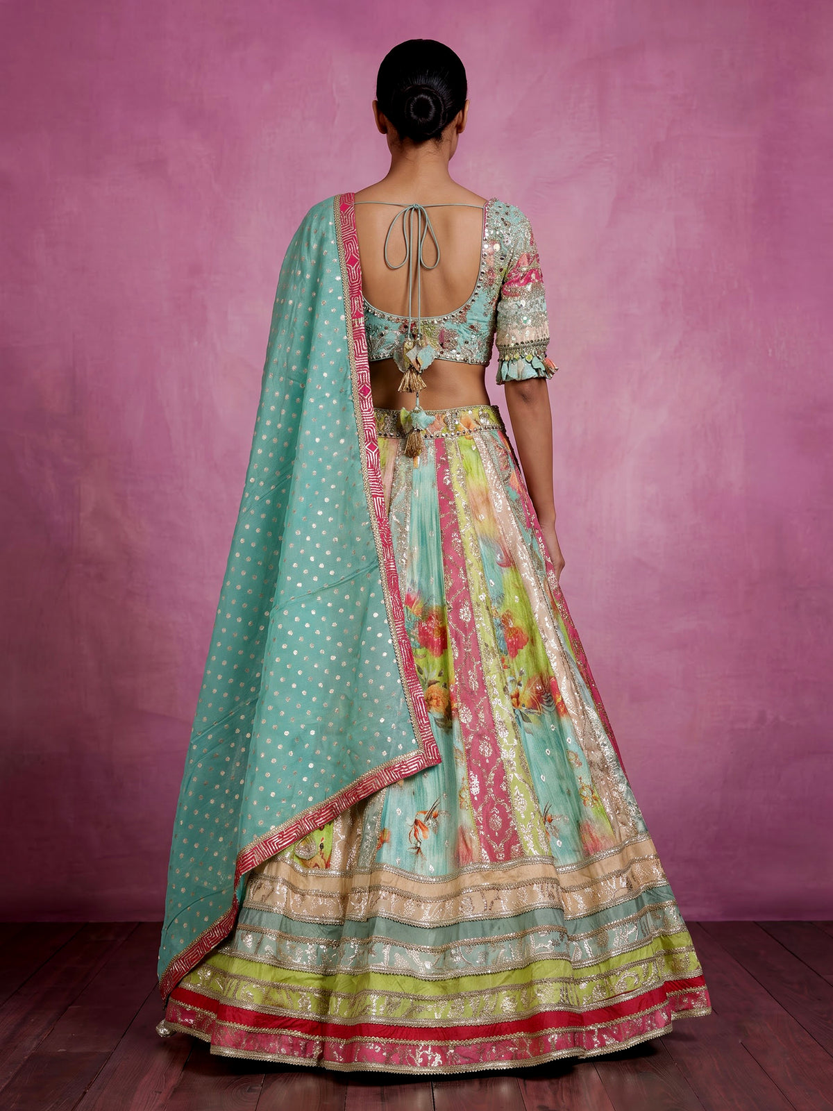 Aqua blue printed kalidar women lehenga choli with dupatta