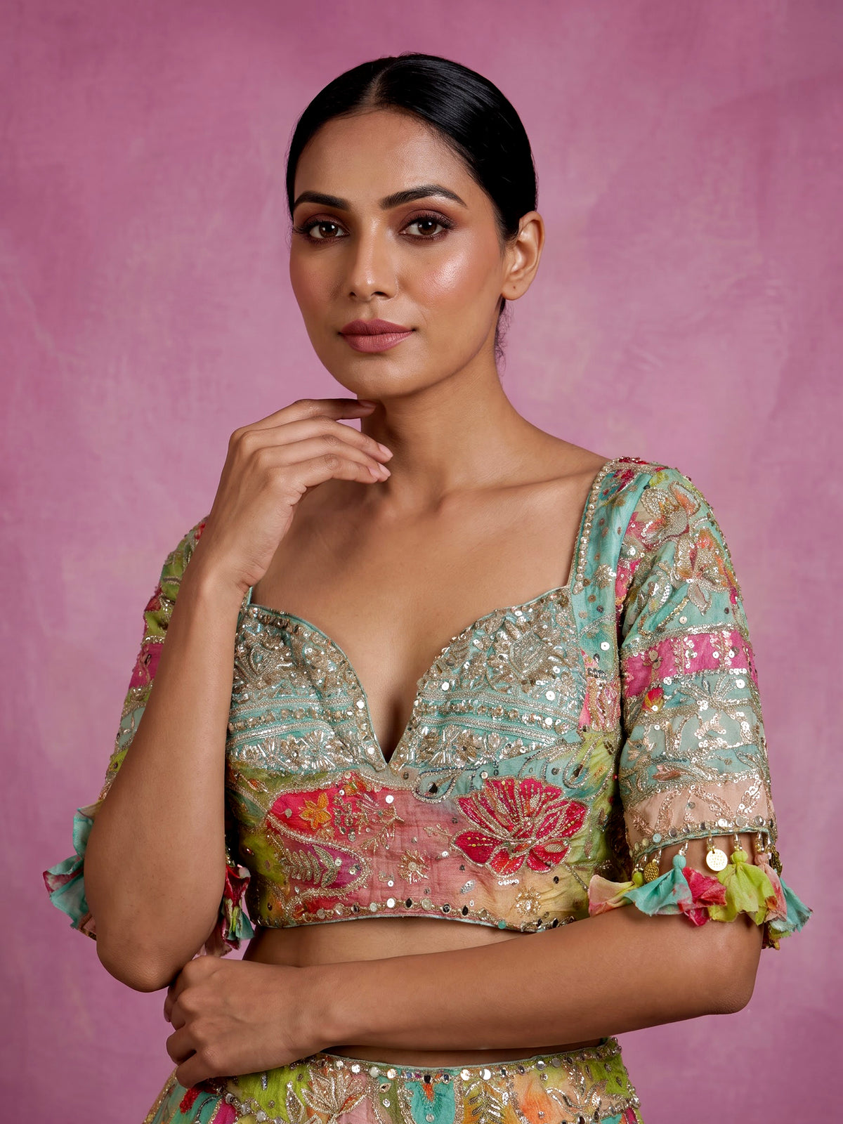 Aqua blue printed kalidar women lehenga choli with dupatta
