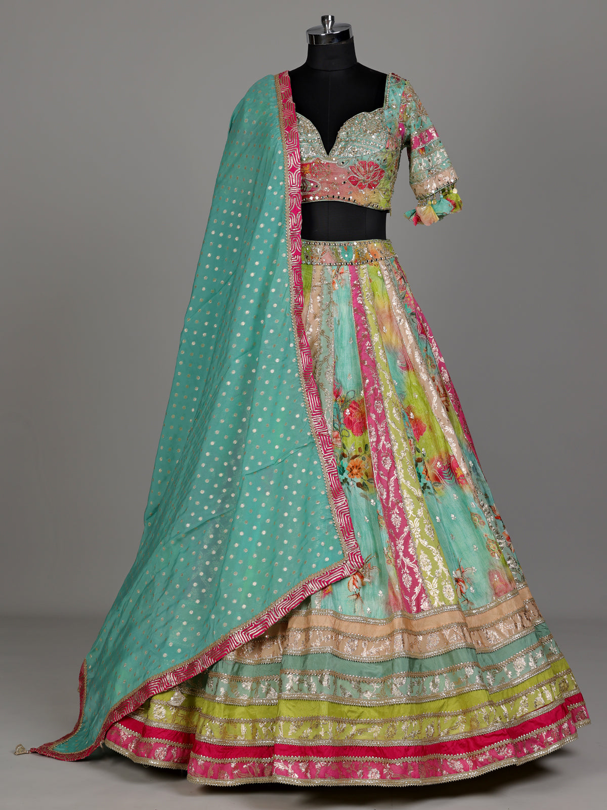 Aqua blue printed kalidar women lehenga choli with dupatta