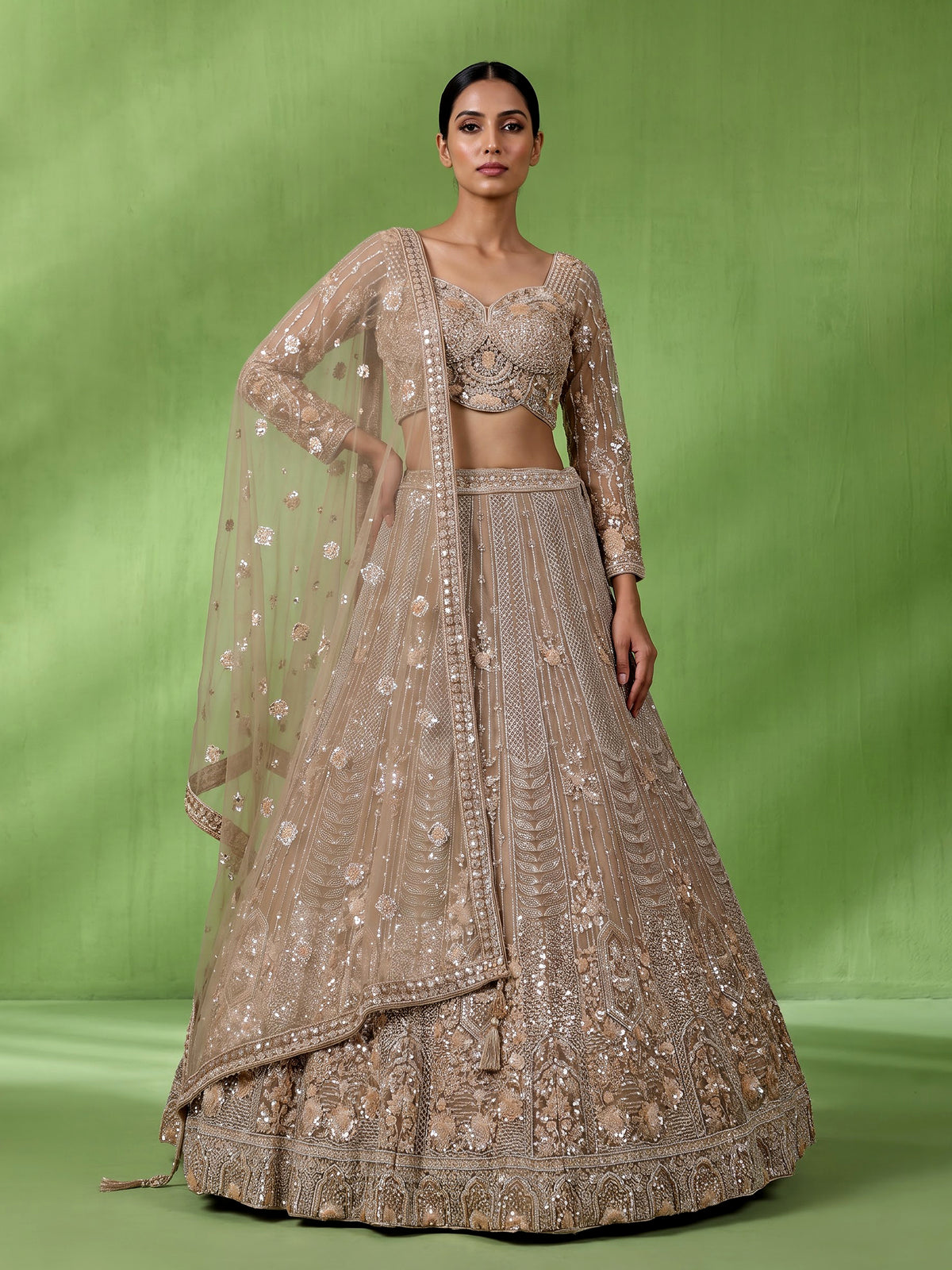 Beige elegant jharokha women lehenga choli with dupatta