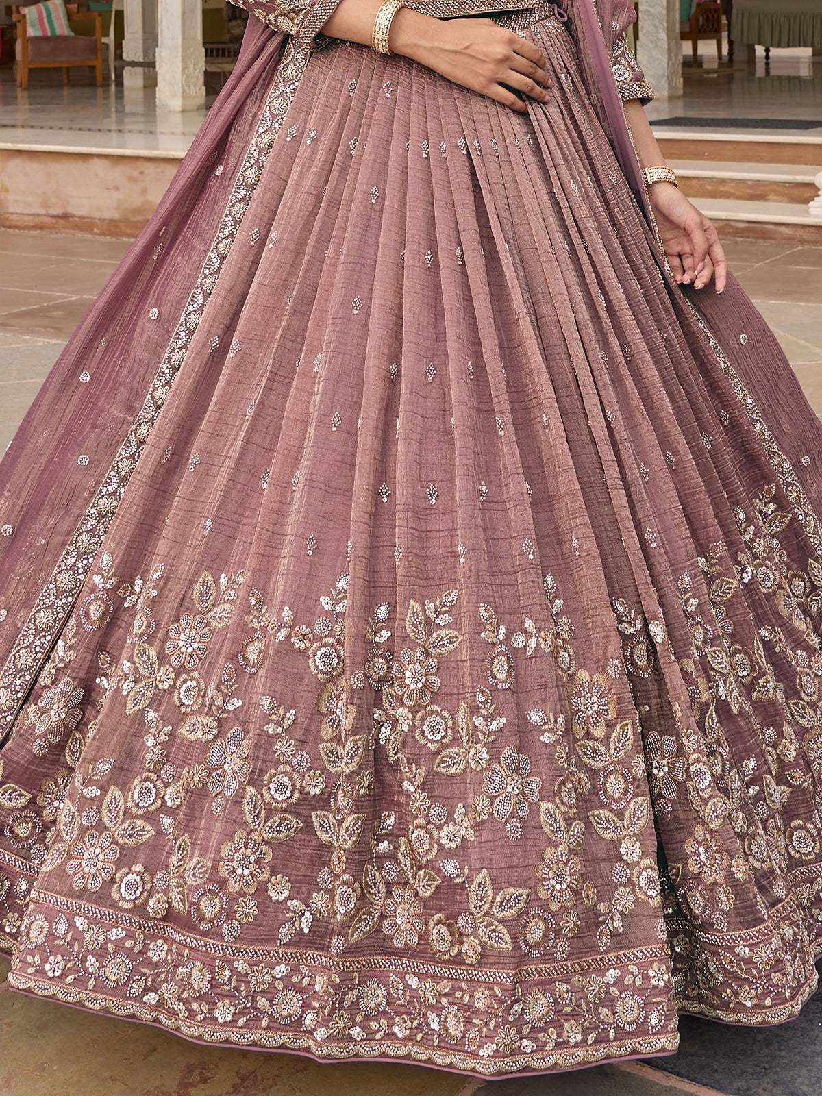 Onion pink chiffon silk lehenga choli with dupatta