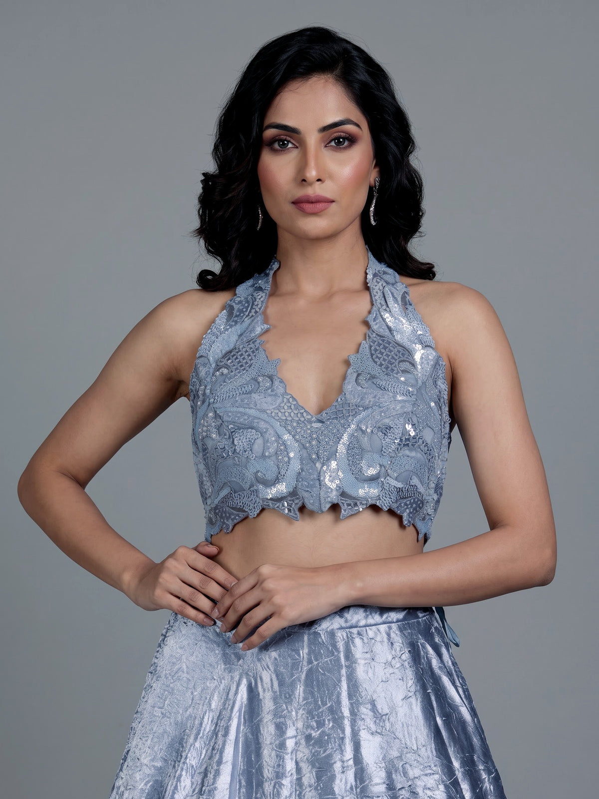 Blue contemporary tissue silk women lehenga choli