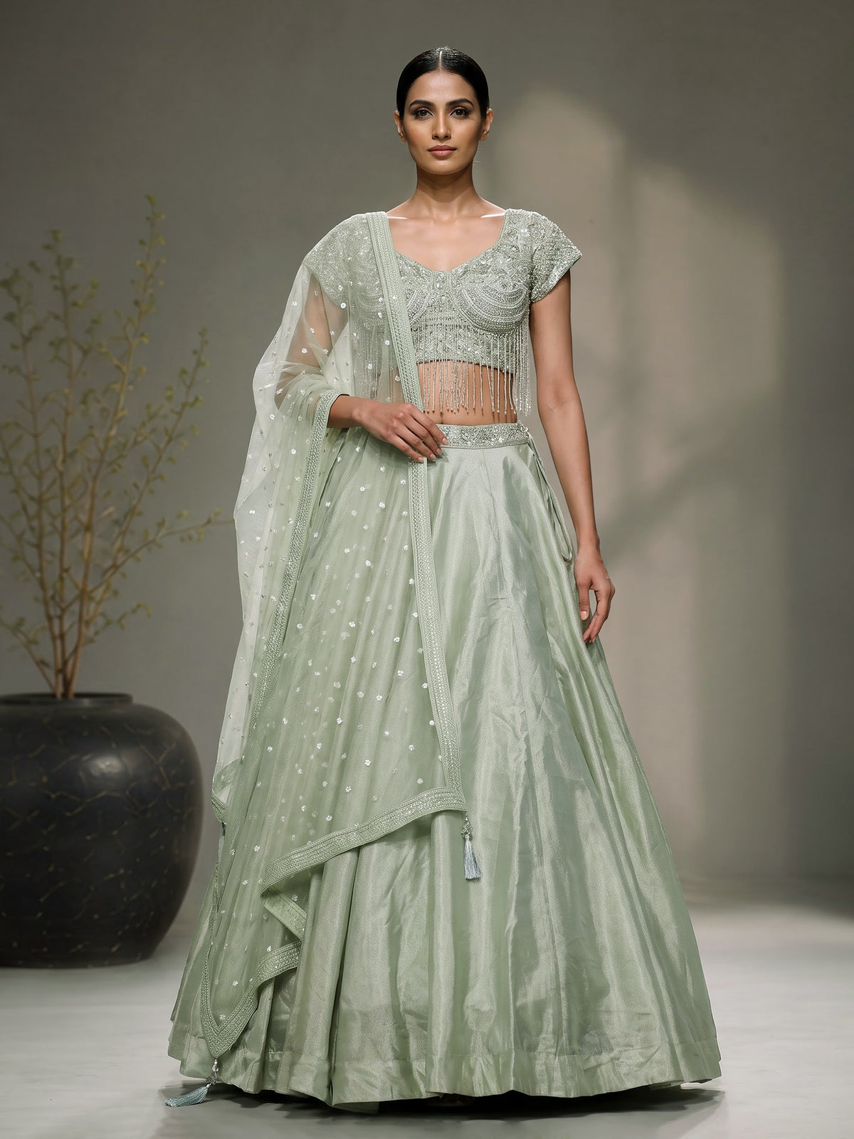 Pista green embellished women lehenga choli with dupatta