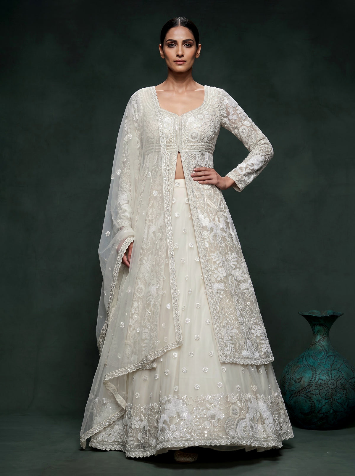 Cream designer embroidered women lehenga choli with dupatta
