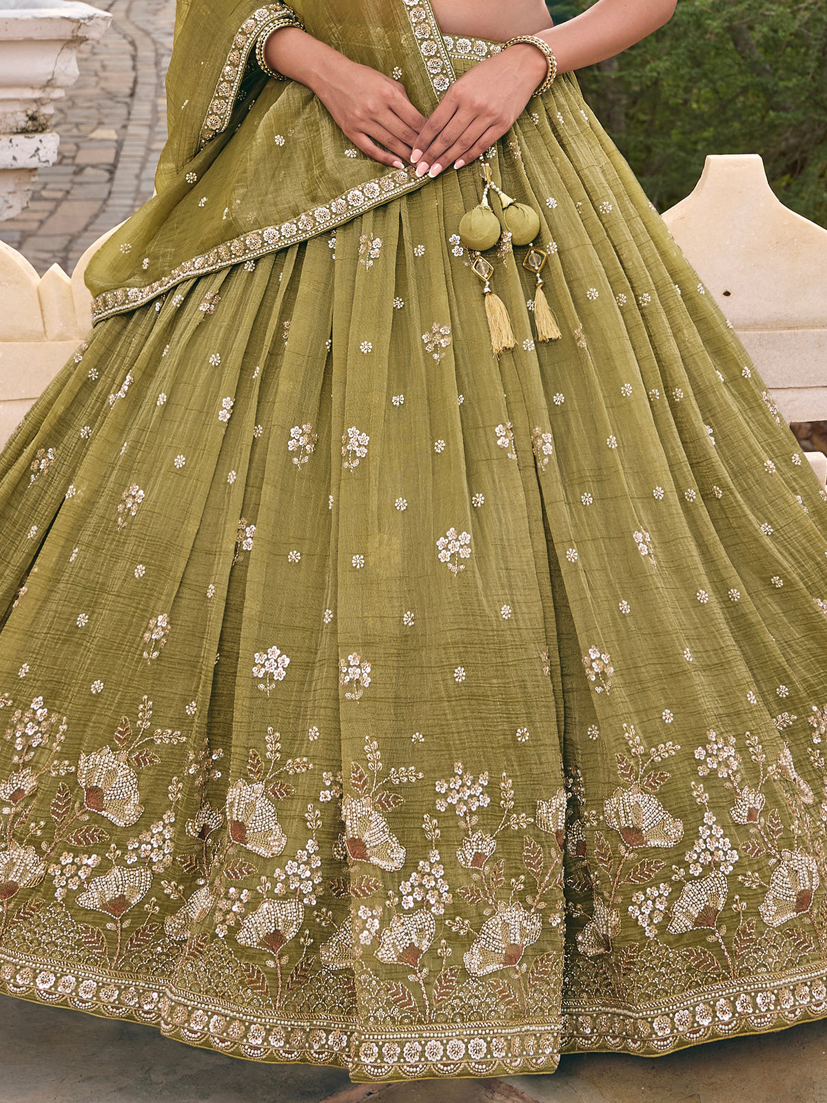 Mehendi green chiffon silk lehenga choli with dupatta