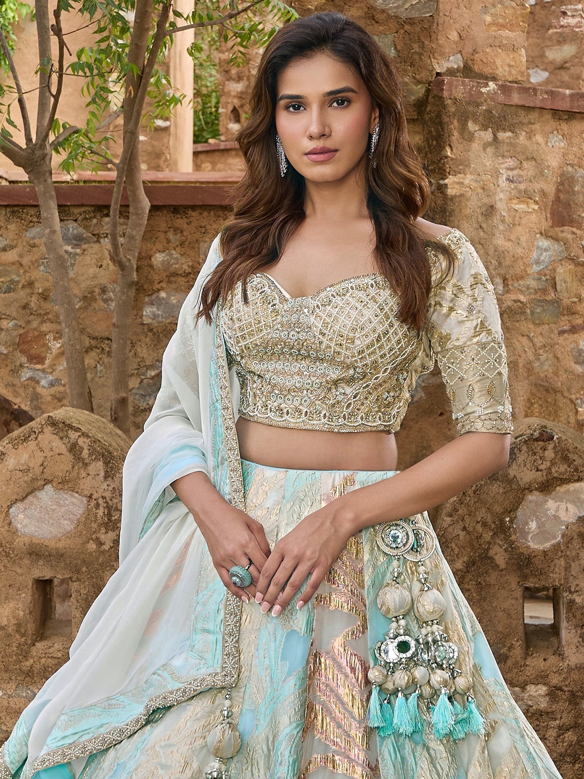 Sky blue tissue silk lehenga choli with embellished dupatta