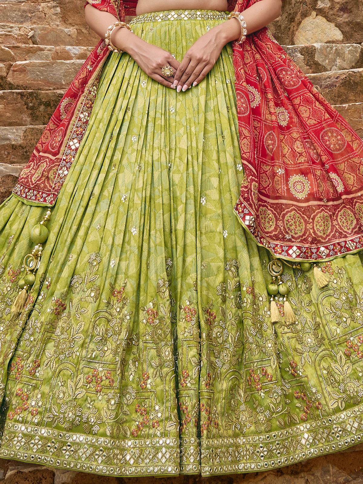 Light green silk lehenga choli with textured contrast printed dupatta