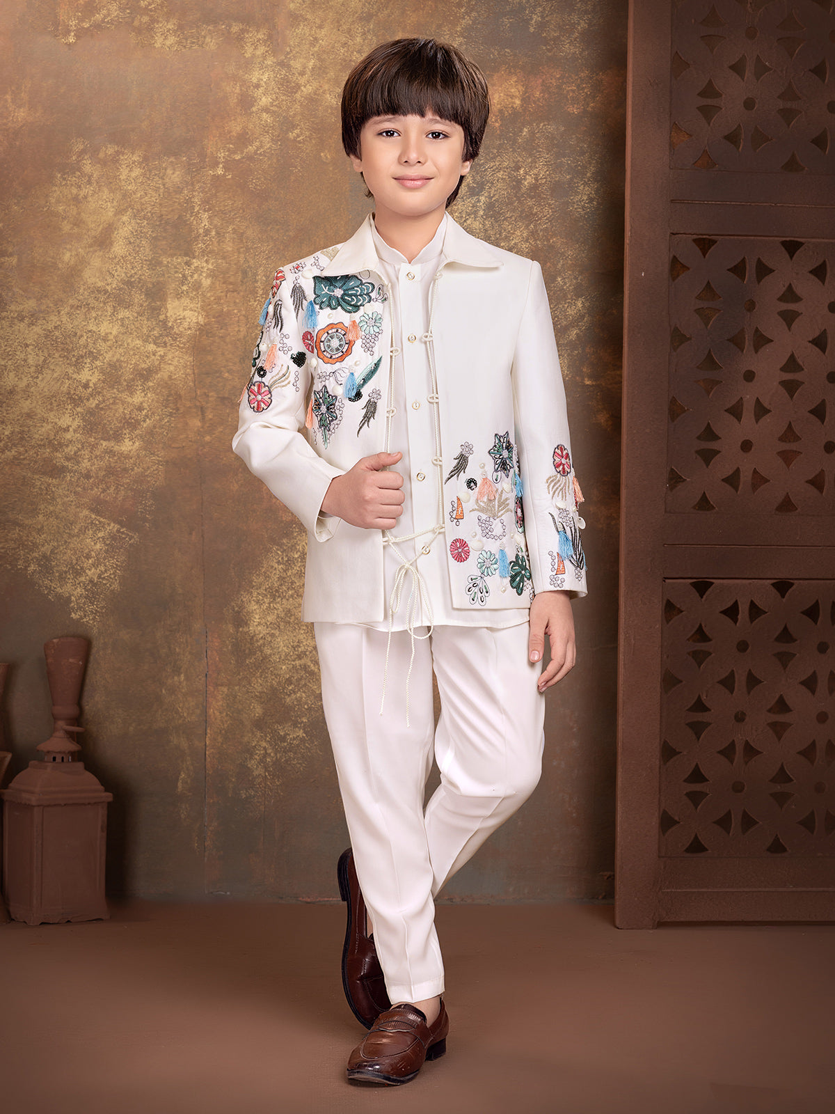 White floral applique boys indo western ensemble