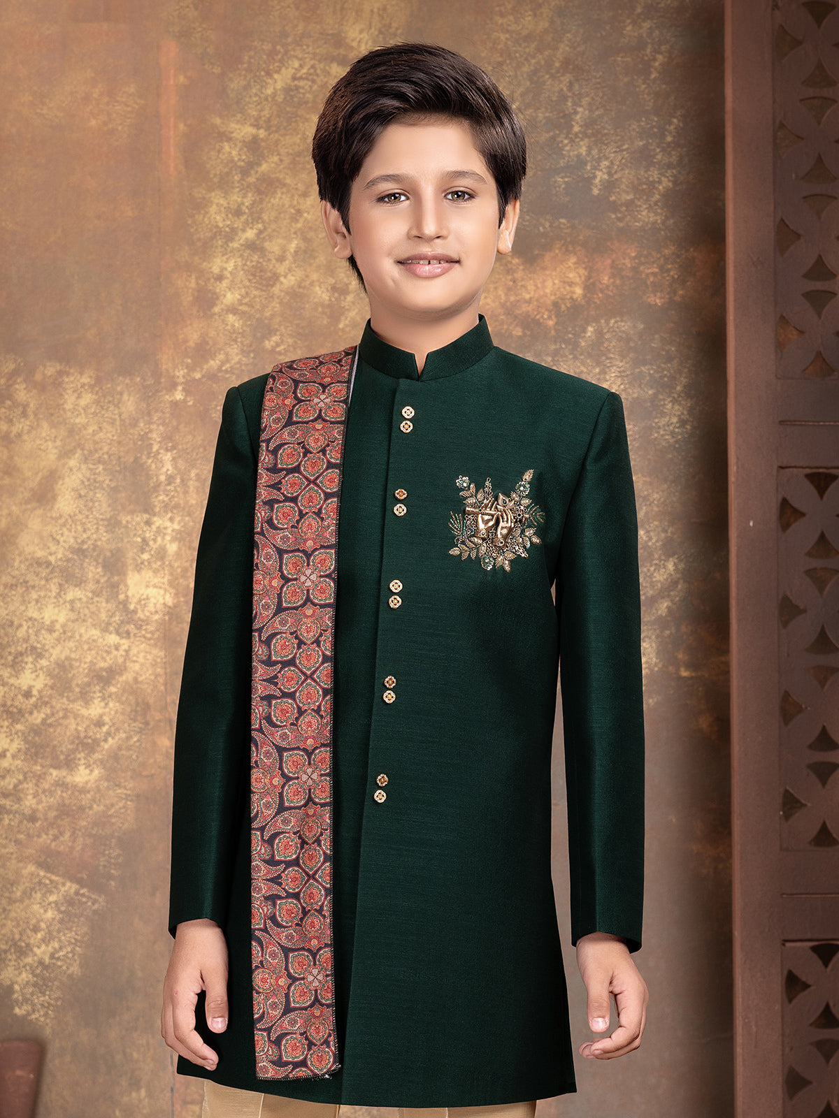 Bottle green heritage embroidered boys indo western outfit